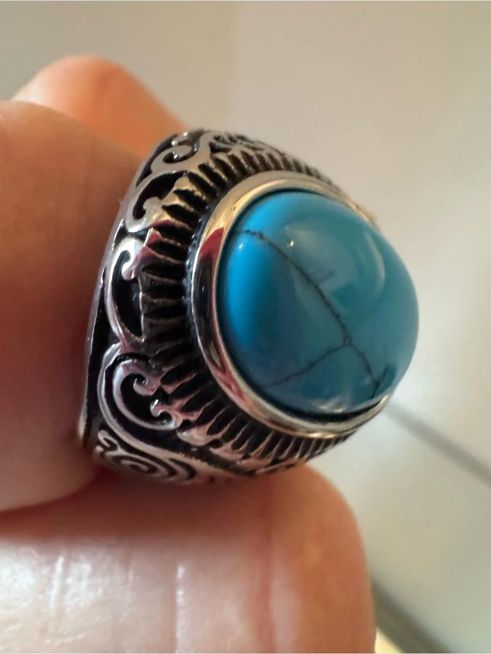 Western Turquoise Statement Ring Size 11 Silver Tone Engraved Oval Cabochon